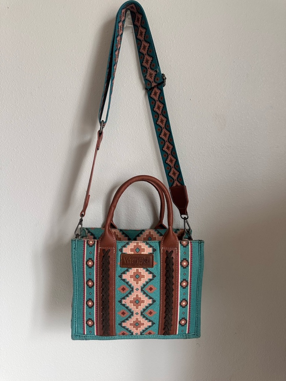 Wrangler Teal & Brown Southwestern Pattern Tote with Adjustable Strap